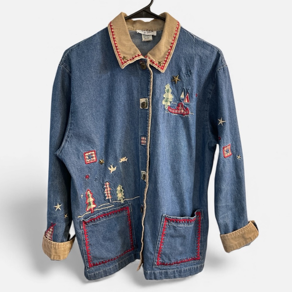 Vintage Teddi Denim Jacket Christmas Embroidery | Women’s Medium
